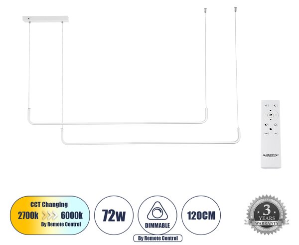 GloboStar® LINARIA DUO 60925 Κρεμαστό Φωτιστικό Οροφής Design LED CCT 72W 8300lm 200° AC 220-240V - Εναλλαγή Φωτισμού μέσω Τηλεχειριστηρίου All In One Ψυχρό 6000k+Φυσικό 4500k+Θερμό 2700k Dimmable Μ220 x Π4 x Υ25cm - Λευκό - 3 Years Warranty