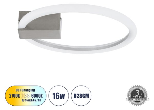 GloboStar® CINDERELLA 60979 Φωτιστικό Οροφής Δαχτυλίδι-Κύκλος LED CCT 16W 1792lm 360° AC 220-240V - Εναλλαγή Φωτισμού μέσω Διακόπτη On/Off All In One Ψυχρό 6000k+Φυσικό 4500k+Θερμό 2700k Φ28cm - Χρώμιο Νικελ - 3 Years Warranty