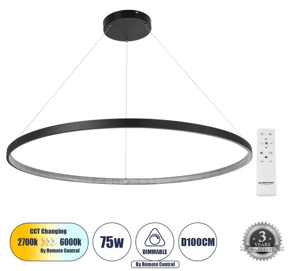 GloboStar® DIAMOND 61519 Κρεμαστό Φωτιστικό Δαχτυλίδι-Κύκλος LED CCT 75W 8400lm 360° AC 220-240V - Εναλλαγή Φωτισμού μέσω Τηλεχειριστηρίου All In One Ψυχρό 6000k+Φυσικό 4500k+Θερμό 2700k Dimmable Φ100cm - Μαύρο - 3 Years Warranty