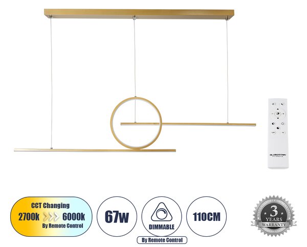 GloboStar® TEREZA 61289 Κρεμαστό Φωτιστικό Οροφής Design LED CCT 67W 7504lm 300° AC 220-240V - Εναλλαγή Φωτισμού μέσω Τηλεχειριστηρίου All In One Ψυχρό 6000k+Φυσικό 4500k+Θερμό 2700k Dimmable Μ110 x Π4.5 x Υ34cm - Χρυσό Πλατίνα - 3 Years Warranty