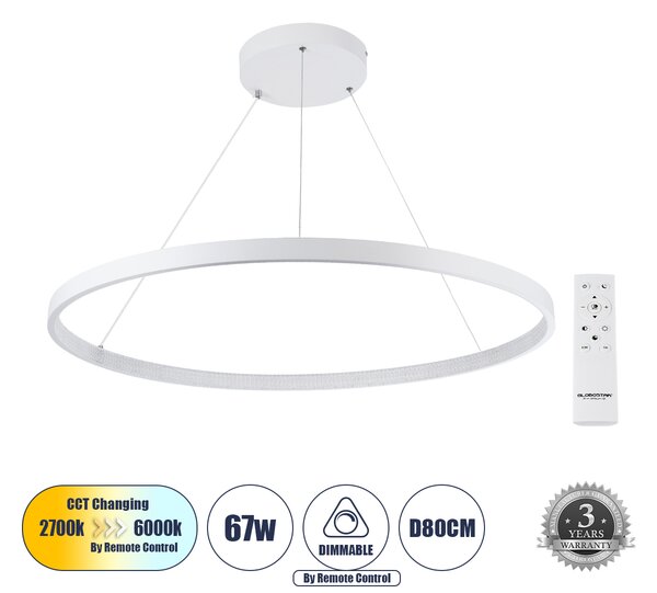 GloboStar® DIAMOND 61521 Κρεμαστό Φωτιστικό Δαχτυλίδι-Κύκλος LED CCT 67W 7504lm 360° AC 220-240V - Εναλλαγή Φωτισμού μέσω Τηλεχειριστηρίου All In One Ψυχρό 6000k+Φυσικό 4500k+Θερμό 2700k Dimmable Φ80cm - Λευκό - 3 Years Warranty