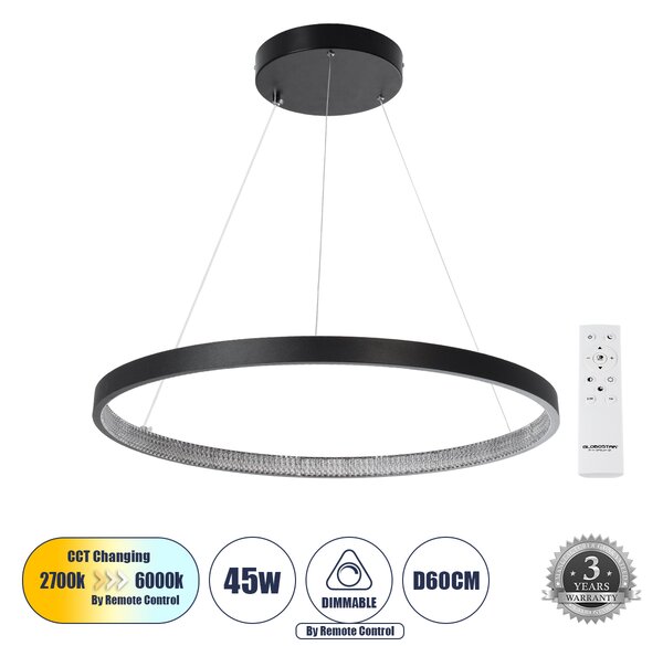 GloboStar® DIAMOND 61522 Κρεμαστό Φωτιστικό Δαχτυλίδι-Κύκλος LED CCT 45W 5040lm 360° AC 220-240V - Εναλλαγή Φωτισμού μέσω Τηλεχειριστηρίου All In One Ψυχρό 6000k+Φυσικό 4500k+Θερμό 2700k Dimmable Φ60cm - Μαύρο - 3 Years Warranty