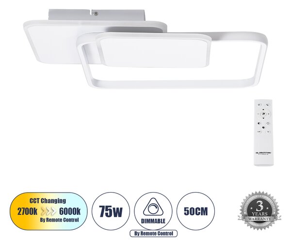 GloboStar® SQUARO 61232 Φωτιστικό Οροφής Δαχτυλίδι-Κύκλος LED CCT 75W 8400lm 360° AC 220-240V - Εναλλαγή Φωτισμού μέσω Τηλεχειριστηρίου All In One Ψυχρό 6000k+Φυσικό 4500k+Θερμό 2700k Dimmable Μ48.5 x Π51 x Υ9cm - Λευκό - 3 Years Warranty