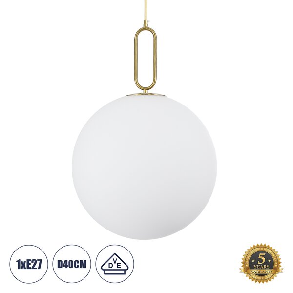 GloboStar® BELLISSIMO 61488 Μοντέρνο Κρεμαστό Φωτιστικό Οροφής Μονόφωτο 1 x E27 Γαλακτερή Γυάλινη Μπάλα με Μεταλλικό Επιχρυσωμενό Πλατίνα Σώμα Φ40 x Υ62cm