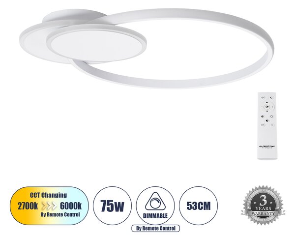 GloboStar® CIRCUO 61230 Φωτιστικό Οροφής Δαχτυλίδι-Κύκλος LED CCT 75W 8400lm 360° AC 220-240V - Εναλλαγή Φωτισμού μέσω Τηλεχειριστηρίου All In One Ψυχρό 6000k+Φυσικό 4500k+Θερμό 2700k Dimmable Μ53 x Π42.5 x Υ9cm - Λευκό - 3 Years Warranty