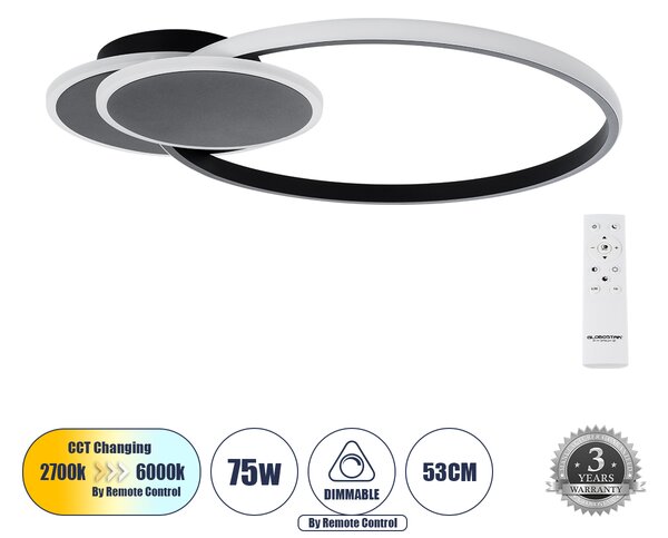 GloboStar® CIRCUO 61229 Φωτιστικό Οροφής Δαχτυλίδι-Κύκλος LED CCT 75W 8400lm 360° AC 220-240V - Εναλλαγή Φωτισμού μέσω Τηλεχειριστηρίου All In One Ψυχρό 6000k+Φυσικό 4500k+Θερμό 2700k Dimmable Μ53 x Π42.5 x Υ9cm - Μαύρο - 3 Years Warranty