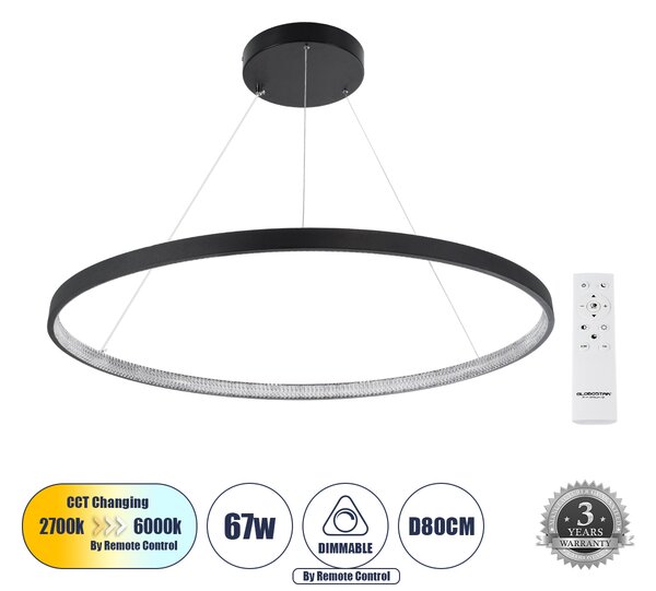 GloboStar® DIAMOND 61520 Κρεμαστό Φωτιστικό Δαχτυλίδι-Κύκλος LED CCT 67W 7504lm 360° AC 220-240V - Εναλλαγή Φωτισμού μέσω Τηλεχειριστηρίου All In One Ψυχρό 6000k+Φυσικό 4500k+Θερμό 2700k Dimmable Φ80cm - Μαύρο - 3 Years Warranty