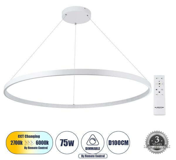 GloboStar® DIAMOND 61518 Κρεμαστό Φωτιστικό Δαχτυλίδι-Κύκλος LED CCT 75W 8400lm 360° AC 220-240V - Εναλλαγή Φωτισμού μέσω Τηλεχειριστηρίου All In One Ψυχρό 6000k+Φυσικό 4500k+Θερμό 2700k Dimmable Φ100cm - Λευκό - 3 Years Warranty