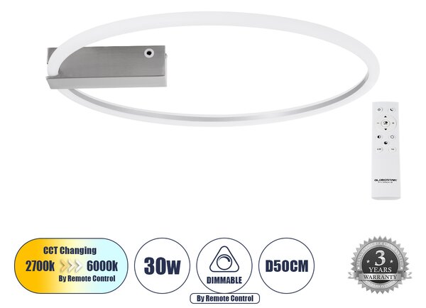 GloboStar® CINDERELLA 60983 Φωτιστικό Οροφής Δαχτυλίδι-Κύκλος LED CCT 30W 3360lm 360° AC 220-240V - Εναλλαγή Φωτισμού μέσω Τηλεχειριστηρίου All In One Ψυχρό 6000k+Φυσικό 4500k+Θερμό 2700k Dimmable Φ50cm - Χρώμιο Νικελ - 3 Years Warranty