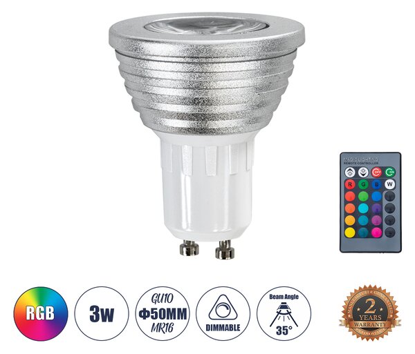 GloboStar® 76065 Σποτ LED GU10 MR16 3W 200lm 90° AC 220-240V IP20 Φ5 x Υ8.5cm - Εναλλαγή Φωτισμού μέσω Τηλεχειριστηρίου RGB - Dimmable - 2 Χρόνια Εγγύηση