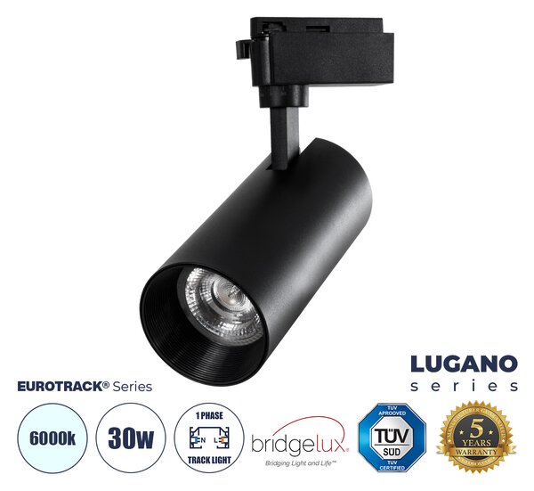 GloboStar® LUGANO 60815 Μονοφασικό Φωτιστικό Σποτ Ράγας LED 30W 3900lm 36° Acrylic HQ LENS AC 220-240V IP20 Φ7.5 x Υ22.7cm Ψυχρό Λευκό 6000K - EUROTRACK® System 1L+1N - Μαύρο - Bridgelux Chip - TÜV Certified Driver - 5 Χρόνια Εγγύηση