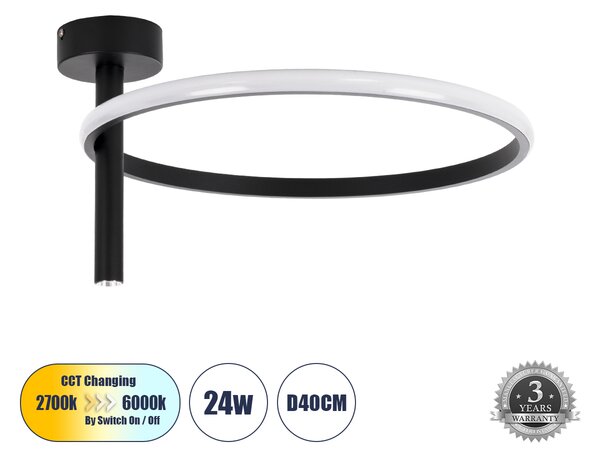 GloboStar® VERONA 61220 Φωτιστικό Οροφής Δαχτυλίδι-Κύκλος LED CCT 24W 2688lm 360° AC 220-240V - Εναλλαγή Φωτισμού μέσω Διακόπτη On/Off All In One Ψυχρό 6000k+Φυσικό 4500k+Θερμό 2700k Φ40 x Υ23cm - Μαύρο - 3 Χρόνια Εγγύηση