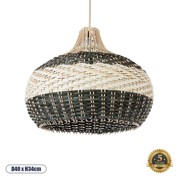 GloboStar® BARBADOS 01946 Boho Κρεμαστό Φωτιστικό Καμπάνα Μονόφωτο 1 x E27 IP20 Μπεζ & Χακί Ξύλο - Μ40 x Π40 x Υ34cm