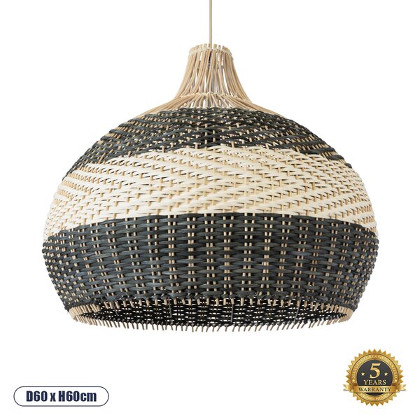 GloboStar® BARBADOS 01947 Boho Κρεμαστό Φωτιστικό Οροφής Μονόφωτο 1 x E27 AC220-240V IP20 - Φ60 x Υ60cm - Μπεζ με Χακί Ξύλινο Μπαμπού Πλέγμα Καμπάνα