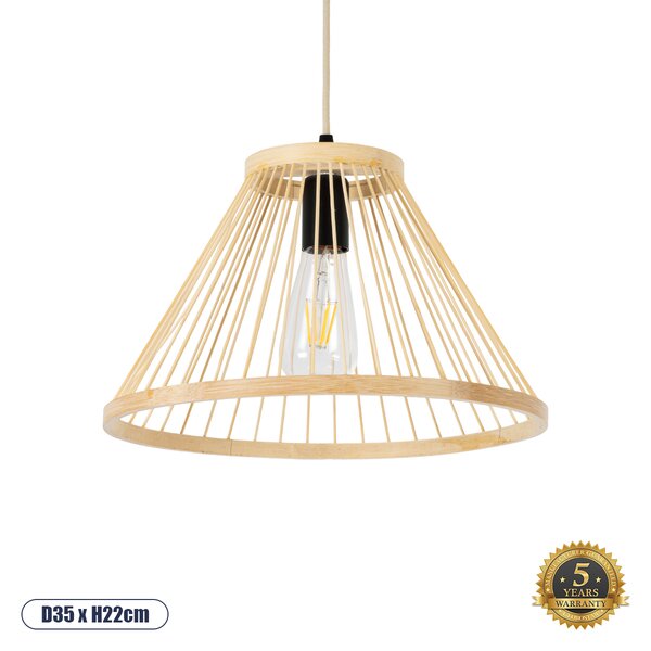 GloboStar® TYGEE 01930 Boho Κρεμαστό Φωτιστικό Πλέγμα Μονόφωτο 1 x E27 IP20 Μπεζ Ξύλο - Μ35 x Π35 x Υ22cm