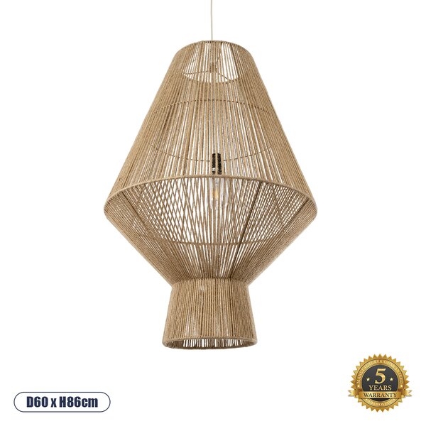 GloboStar® CAYMAN 01854 Boho Κρεμαστό Φωτιστικό Πλέγμα Μονόφωτο 1 x E27 IP20 Μπεζ Σχοινί - Μ60 x Π60 x Υ86cm