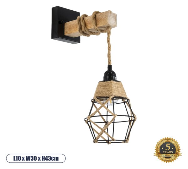 GloboStar® BELLARIVA 01961 Boho Φωτιστικό Τοίχου - Απλίκα Μονόφωτο 1 x E27 AC 220-240V IP20 - Μ10 x Π30 x Υ43cm - Μαύρο Μεταλλικό με Ξύλο και Μπεζ Σχοινί Πλεγμα