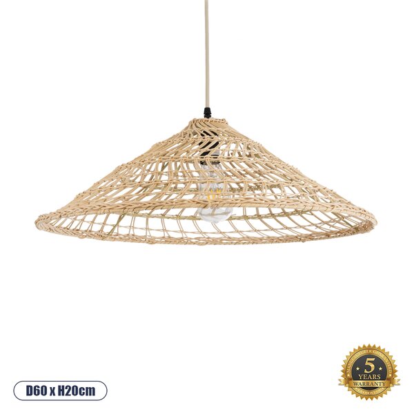 GloboStar® KAIA 02346 Boho Κρεμαστό Φωτιστικό Οροφής Μονόφωτο 1 x E27 AC220-240V IP20 - Φ60 x Υ20cm - Μπεζ Ξύλινο Μπαμπού Πλέγμα Καμπάνα