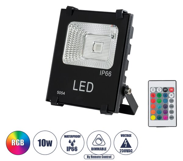 GloboStar® MULTICOLOR 75600 Επαγγελματικός Προβολέας LED 10W 650lm 120° AC 220-240V Αδιάβροχος IP66 με Ασύρματο Χειριστήριο IR - RGB - Μ11 x Π4 x Υ13.5cm - 3 Χρόνια Εγγύηση