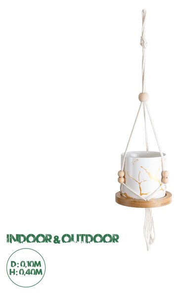 GloboStar® Artificial Garden USBOA 20545 Κρεμαστό Διακοσμητικό Κεραμικό Κασπώ Γλάστρα - Flower Pot Λευκό με Χρυσές Λεπτομέρειες και Μπεζ Ξύλινη Βάση Φ10 x Υ40cm