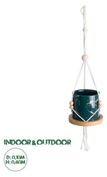 GloboStar® Artificial Garden TALLINN 20546 Κρεμαστό Διακοσμητικό Κεραμικό Κασπώ Γλάστρα - Flower Pot Πράσινο με Χρυσές Λεπτομέρειες και Μπεζ Ξύλινη Βάση Φ10 x Υ40cm