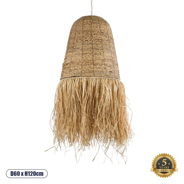 GloboStar® PORTOFERRAIO 02190 Boho Κρεμαστό Φωτιστικό Οροφής Μονόφωτο 1 x E27 AC220-240V IP20 - Φ60 x Υ120cm - Μπεζ Φυσική Ράφια Νήμα Πλέγμα Καμπάνα