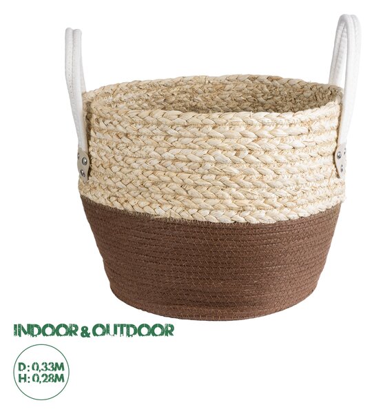 GloboStar® Artificial Garden CAROLINA 20580 Διακοσμητικό Πλεκτό Κασπώ Γλάστρα - Flower Pot Μπεζ με Καφέ και Λευκό Φ33 x Υ28cm