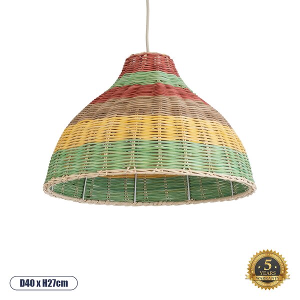 GloboStar® CABALLEROS 02053 Boho Κρεμαστό Φωτιστικό Οροφής Μονόφωτο 1 x E27 AC220-240V IP20 - Φ40 x Υ27cm - Πράσινο με Κίτρινο και Μπεζ με Κόκκινο Ξύλινο Μπαμπού Πλέγμα Καμπάνα