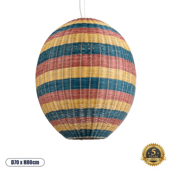 GloboStar® CABALLEROS 02066 Boho Κρεμαστό Φωτιστικό Οροφής Μονόφωτο 1 x E27 AC220-240V IP20 - Φ70 x Υ80cm - Πράσινο με Κίτρινο και Μπλε με Κόκκινο Ξύλινο Μπαμπού Πλέγμα