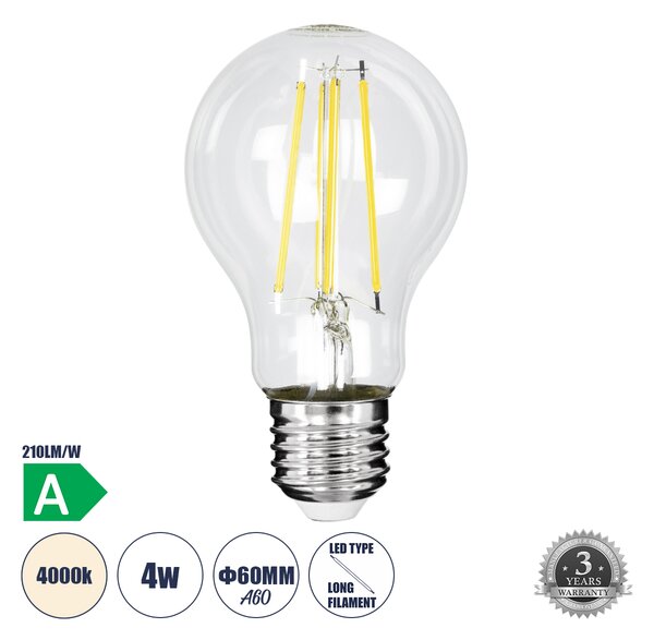 GloboStar® 99091 Λάμπα LED Long Filament E27 A60 Γλόμπος 4W 840lm 360° AC 220-240V IP20 Φ6 x Υ11cm Φυσικό Λευκό 4000K με Διάφανο Γυαλί - Pro Series 210lm/W - A Ενεργειακή Κλάση - 3 Χρόνια Εγγύηση