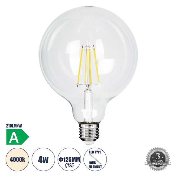 GloboStar® 99093 Λάμπα LED Long Filament E27 G125 Γλόμπος 4W 840lm 360° AC 220-240V IP20 Φ12.5 x Υ13.8cm Φυσικό Λευκό 4000K με Διάφανο Γυαλί - Pro Series 210lm/W - A Ενεργειακή Κλάση - 3 Χρόνια Εγγύηση