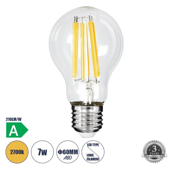 GloboStar® 99087 Λάμπα LED Long Filament E27 A60 Γλόμπος 7W 1470lm 360° AC 220-240V IP20 Φ6 x Υ11cm Θερμό Λευκό 2700K με Διάφανο Γυαλί - Pro Series 210lm/W - A Ενεργειακή Κλάση - 3 Χρόνια Εγγύηση