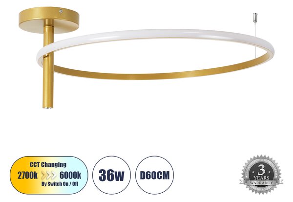 GloboStar® VERONA 61225 Φωτιστικό Οροφής Δαχτυλίδι-Κύκλος LED CCT 36W 4032lm 360° AC 220-240V - Εναλλαγή Φωτισμού μέσω Διακόπτη On/Off All In One Ψυχρό 6000k+Φυσικό 4500k+Θερμό 2700K Φ60 x Υ23cm - Χρυσό Βούρτσας - 3 Χρόνια Εγγύηση