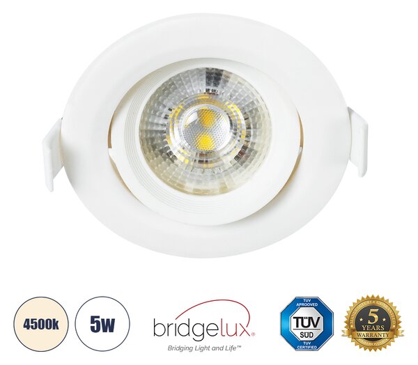 GloboStar® DE VALERA 60183 Χωνευτό LED Κινούμενο Spot Downlight 5W 485lm 60° AC 220-240V IP44 Φ9cm x Υ4cm - Στρόγγυλο - Λευκό - Φυσικό Λευκό 4500K - Bridgelux Chip - TÜV Certified Driver - 5 Χρόνια Εγγύηση