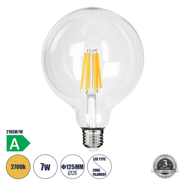 GloboStar® 99089 Λάμπα LED Long Filament E27 G125 Γλόμπος 7W 1470lm 360° AC 220-240V IP20 Φ12.5 x Υ13.8cm Θερμό Λευκό 2700K με Διάφανο Γυαλί - Pro Series 210lm/W - A Ενεργειακή Κλάση - 3 Χρόνια Εγγύηση