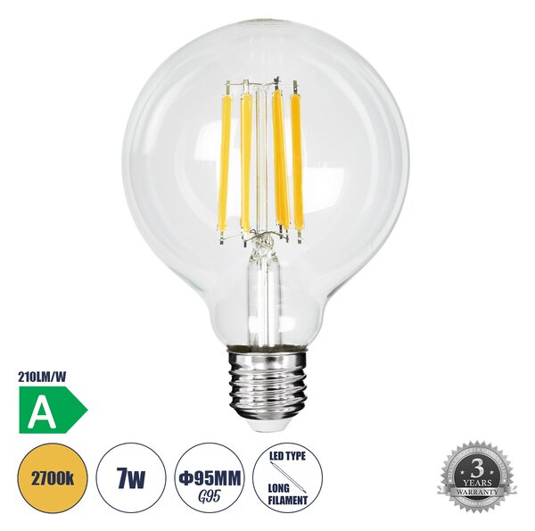 GloboStar® 99088 Λάμπα LED Long Filament E27 G95 Γλόμπος 7W 1470lm 360° AC 220-240V IP20 Φ9.5 x Υ13.8cm Θερμό Λευκό 2700K με Διάφανο Γυαλί - Pro Series 210lm/W - A Ενεργειακή Κλάση - 3 Χρόνια Εγγύηση