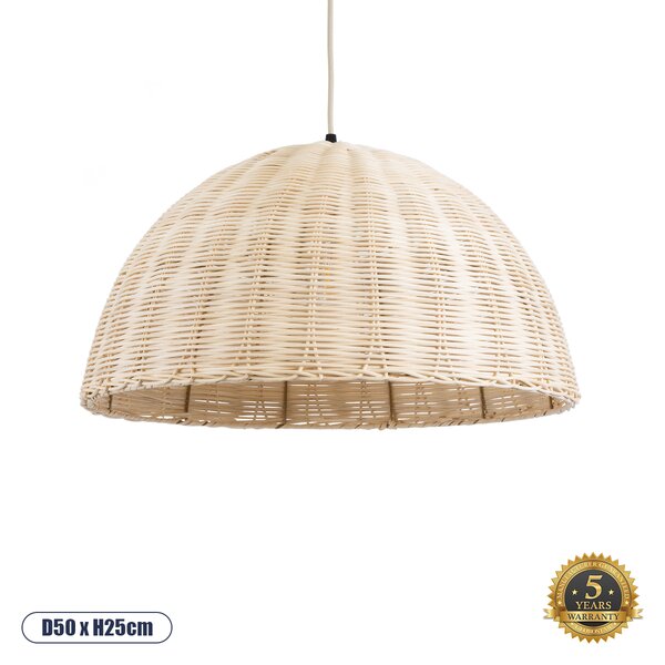 GloboStar® MONTANA 02378 Boho Κρεμαστό Φωτιστικό Οροφής Μονόφωτο 1 x E27 AC220-240V IP20 - Φ50 x Υ25cm - Μπεζ Μπαμπού Πλέγμα Καμπάνα