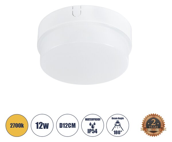 GloboStar® REVANO 61013 LED Πλαφονιέρα Οροφής Στρόγγυλη Φ12 12W 1080lm 180° AC 220-240V Αδιάβροχη IP54 Φ12 x Υ4.5cm Θερμό Λευκό 2700K - 2 Χρόνια Εγγύηση