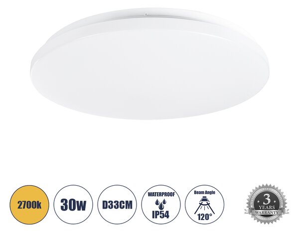 GloboStar® CELANO 61010 LED Πλαφονιέρα Οροφής Στρόγγυλη Φ33 30W 2700lm 120° AC 220-240V Αδιάβροχη IP54 Φ33 x Υ6cm Θερμό Λευκό 2700K - 3 Χρόνια Εγγύηση