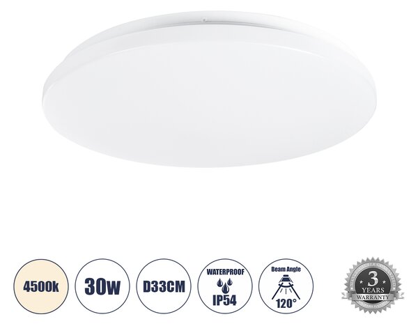 GloboStar® CELANO 61009 LED Πλαφονιέρα Οροφής Στρόγγυλη Φ33 30W 2850lm 120° AC 220-240V Αδιάβροχη IP54 Φ33 x Υ6cm Φυσικό Λευκό 4500K - 3 Χρόνια Εγγύηση