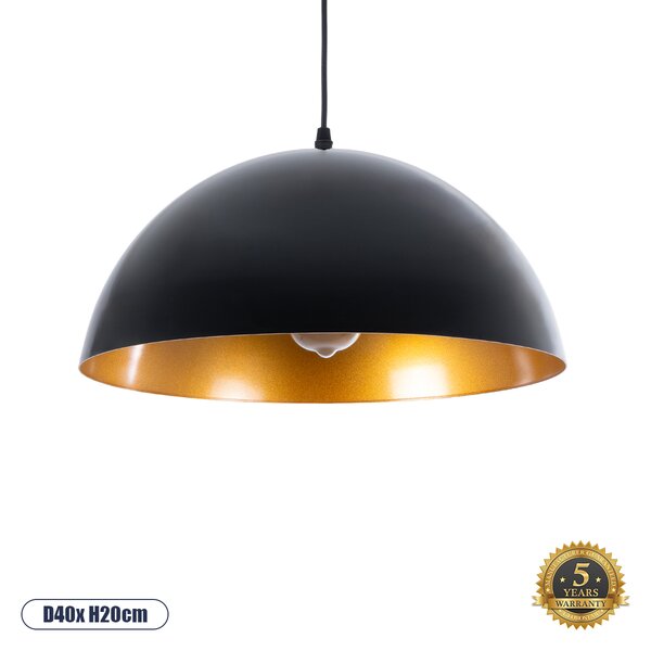 GloboStar® LUNE 01341 Μοντέρνο Κρεμαστό Φωτιστικό Οροφής Μονόφωτο Μαύρο - Χρυσό Μεταλλικό Καμπάνα Φ40 x Υ20cm