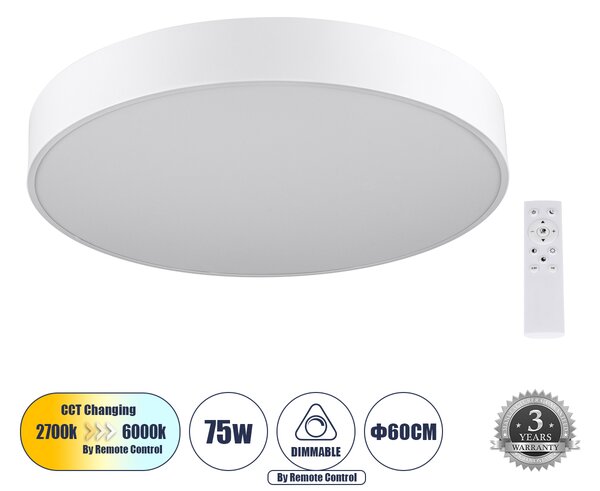 GloboStar® BURTON 61203-S Πλαφονιέρα Οροφής LED CCT 75W 8625lm 120° AC 220-240V - Εναλλαγή Φωτισμού μέσω Τηλεχειριστηρίου All In One Ψυχρό 6000k+Φυσικό 4500k+Θερμό 2700k Dimmable Φ60cm - Λευκό - 3 Years Warranty