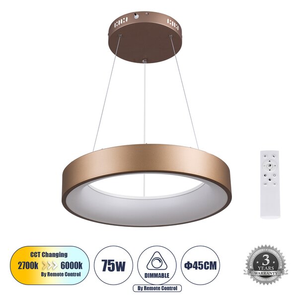 GloboStar® SALEM 61244 Κρεμαστή Πλαφονιέρα Οροφής Δαχτυλίδι-Κύκλος LED CCT 75W 8625lm 120° AC 220-240V - Εναλλαγή Φωτισμού μέσω Τηλεχειριστηρίου All In One Ψυχρό 6000k+Φυσικό 4500k+Θερμό 2700k Dimmable Φ45cm - Καφέ Χάλκινο - 3 Years Warranty