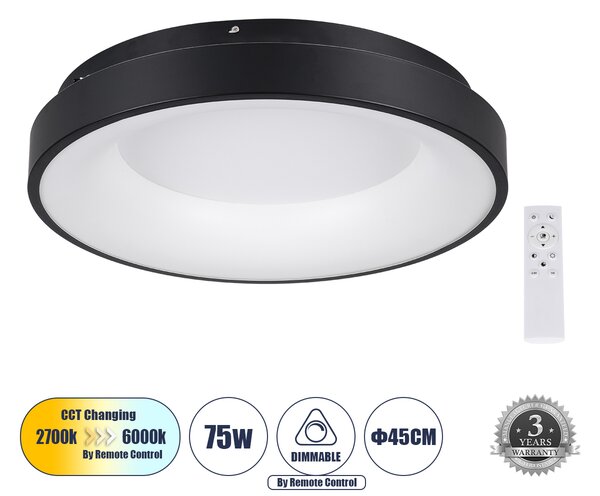 GloboStar® SALEM 61233 Πλαφονιέρα Οροφής Δαχτυλίδι-Κύκλος LED CCT 75W 8625lm 120° AC 220-240V - Εναλλαγή Φωτισμού μέσω Τηλεχειριστηρίου All In One Ψυχρό 6000k+Φυσικό 4500k+Θερμό 2700k Dimmable Φ45cm - Μαύρο - 3 Years Warranty