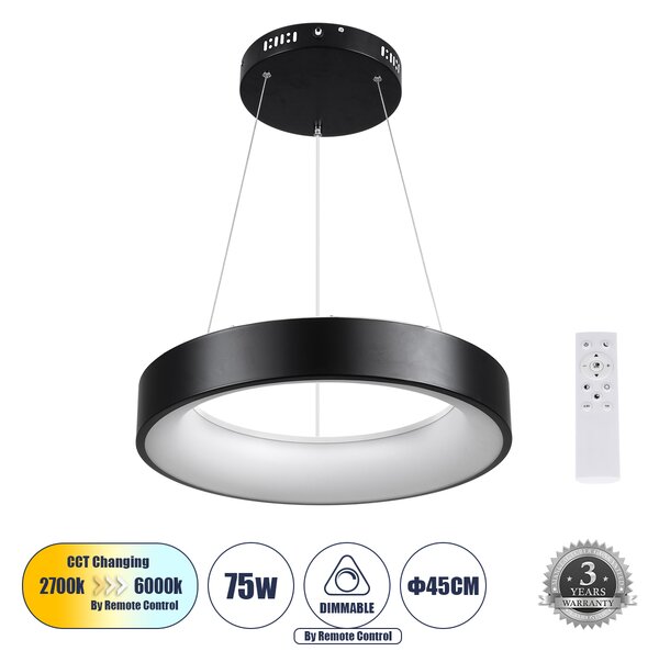 GloboStar® SALEM 61241 Κρεμαστή Πλαφονιέρα Οροφής Δαχτυλίδι-Κύκλος LED CCT 75W 8625lm 120° AC 220-240V - Εναλλαγή Φωτισμού μέσω Τηλεχειριστηρίου All In One Ψυχρό 6000k+Φυσικό 4500k+Θερμό 2700k Dimmable Φ45cm - Μαύρο - 3 Years Warranty