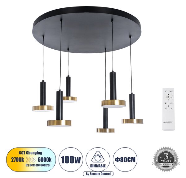 GLOBOSTAR® ZANE 60935 Κρεμαστό Φωτιστικό Design LED CCT 100W 11200lm 120° AC 220-240V IP20 - Εναλλαγή Φωτισμού μέσω Τηλεχειριστηρίου All In One Ψυχρό 6000k+Φυσικό 4500k+Θερμό 2700k Dimmable - Φ80 x Υ20cm - Μαύρο & Χρυσό - 3 Χρόνια Εγγύηση