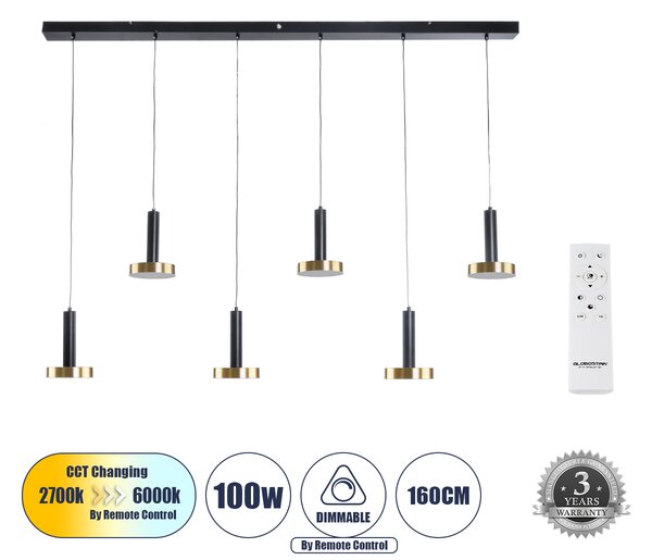 GLOBOSTAR® ZANE 60937 Κρεμαστό Φωτιστικό Design LED CCT 100W 11200lm 120° AC 220-240V IP20 - Εναλλαγή Φωτισμού μέσω Τηλεχειριστηρίου All In One Ψυχρό 6000k+Φυσικό 4500k+Θερμό 2700k Dimmable - Μ160 x Π15 x Υ20cm - Μαύρο & Χρυσό - 3 Χρόνια Εγγύηση