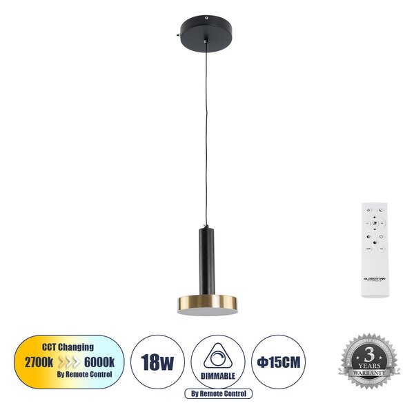 GLOBOSTAR® ZANE 60933 Κρεμαστό Φωτιστικό Design LED CCT 18W 2016lm 120° AC 220-240V IP20 - Εναλλαγή Φωτισμού μέσω Τηλεχειριστηρίου All In One Ψυχρό 6000k+Φυσικό 4500k+Θερμό 2700k Dimmable - Φ15 x Υ20cm - Μαύρο & Χρυσό - 3 Χρόνια Εγγύηση