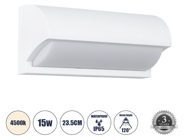 GLOBOSTAR® HORIZON 60691 Φωτιστικό Τοίχου - Απλίκα Εσωτερικού/Εξωτερικού Χώρου LED 15W 1575lm 120° AC175-265V Αδιάβροχο IP65 - Πλαστικό Σώμα - Φυσικό λευκό 4500K - Μ23.5 x Π11 x Υ10cm - Λευκό - Bridgelux Chip - 3 Χρόνια Εγγύηση