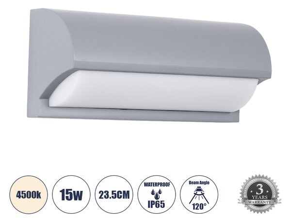 GLOBOSTAR® HORIZON 60692 Φωτιστικό Τοίχου - Απλίκα Εσωτερικού/Εξωτερικού Χώρου LED 15W 1575lm 120° AC175-265V Αδιάβροχο IP65 - Πλαστικό Σώμα - Φυσικό λευκό 4500K - Μ23.5 x Π11 x Υ10cm - Γκρι - Bridgelux Chip - 3 Χρόνια Εγγύηση